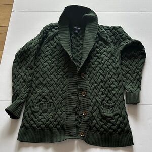Lands' End Cable Knit Shawl Collar Cardigan in Dark Green